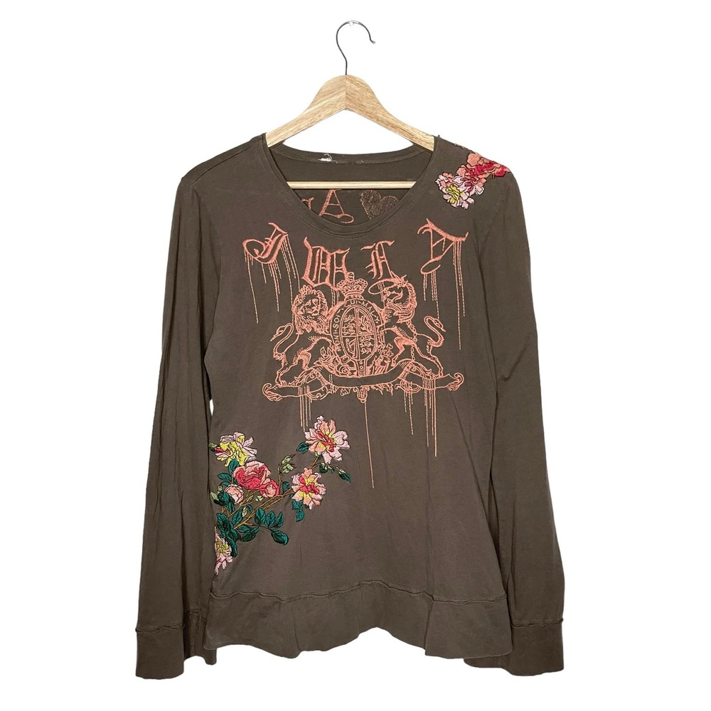 Johnny Was JWLA Floral Crest Embroidered Crew Neck Long Sleeve Shirt Size M